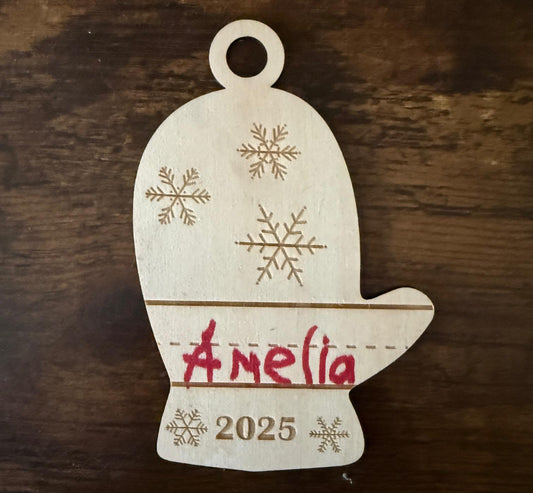 Wooden Handwriting Mitten Ornament
